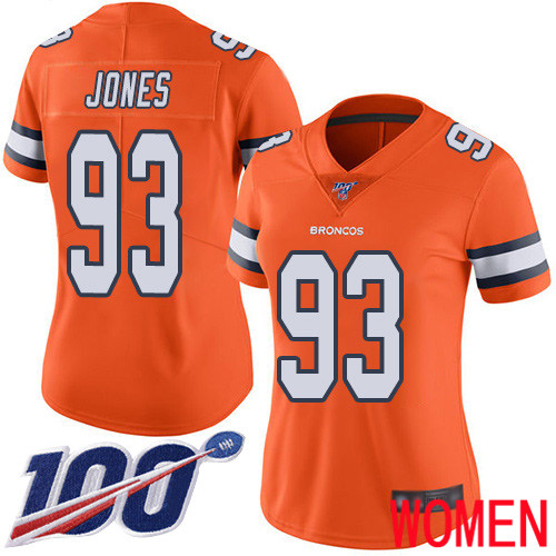 Women Denver Broncos #93 Dre Mont Jones Limited Orange Rush Vapor Untouchable 100th Season Football NFL Jersey->women nfl jersey->Women Jersey